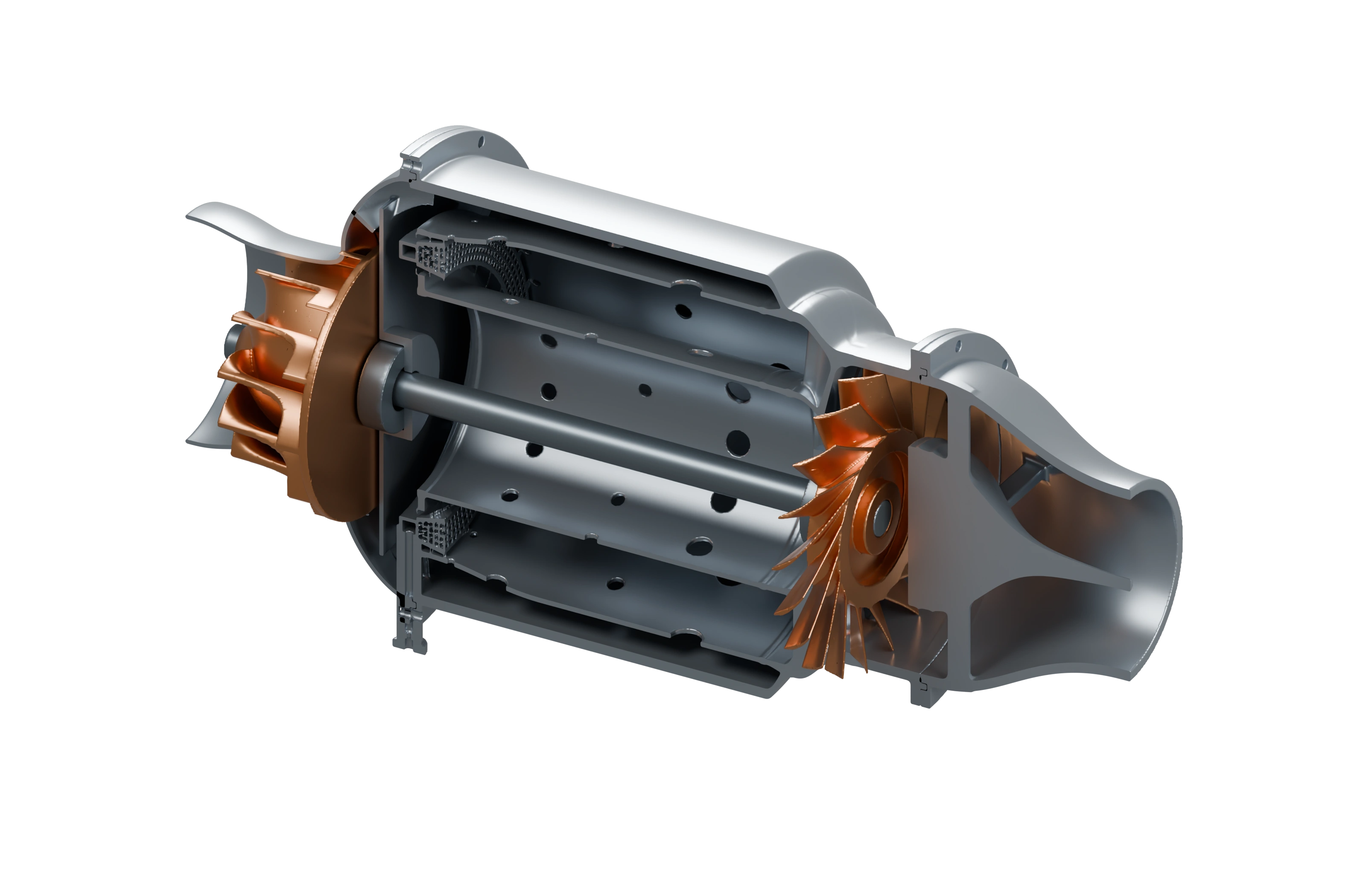 Sectioned VoxelKernel microturbojet assembly showing the centrifugal compressor, annular core, shaft, turbine wheel, and nozzle.