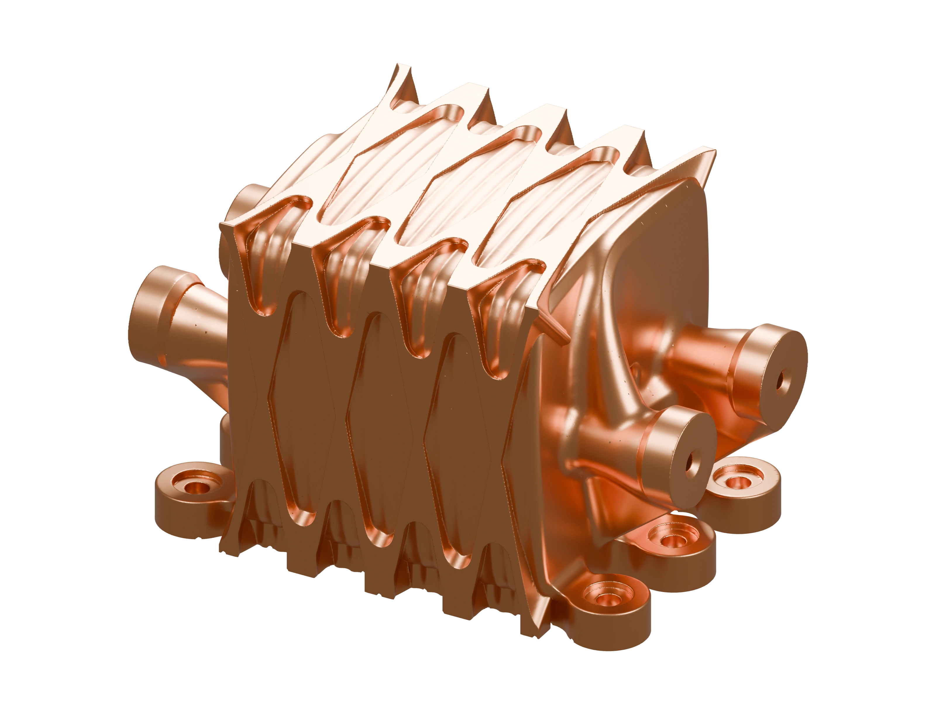 Fine helical heat-exchanger geometry with a polished copper appearance, exterior ribs, mounting flange, and fluid connections.