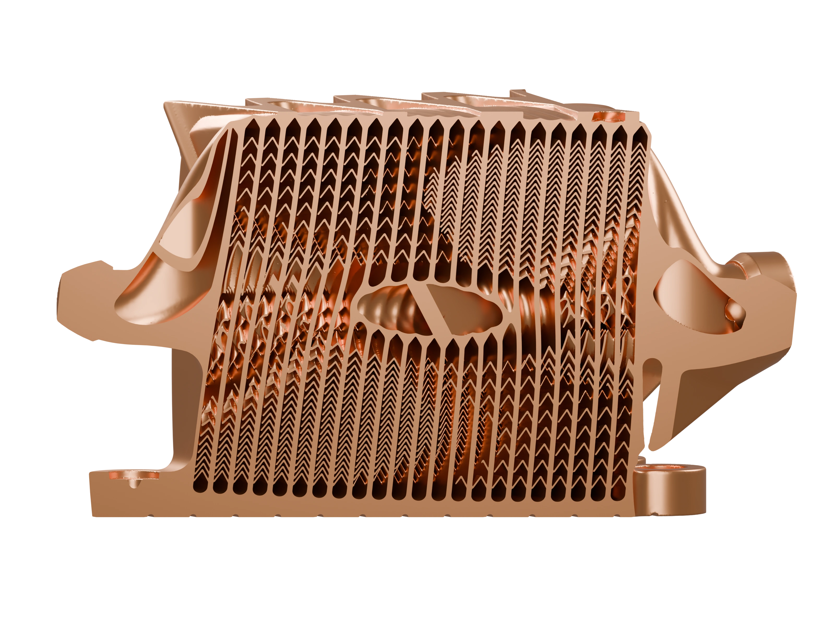 Nearly face-on view of the diagonal copper heat-exchanger cut, showing helical passages and dense internal fins.