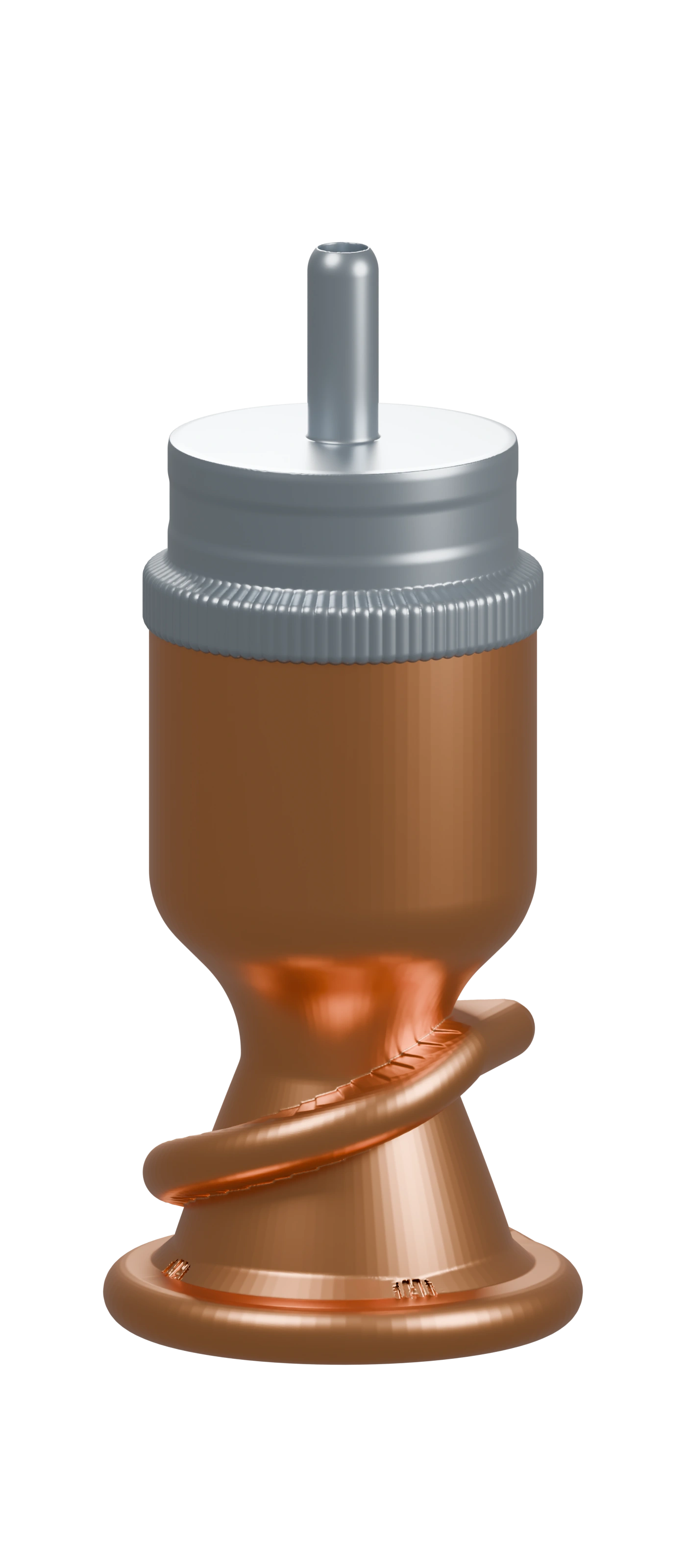 Fine rocket-engine exterior with copper thrust chamber, regenerative-cooling manifolds, and steel-colored injector head.
