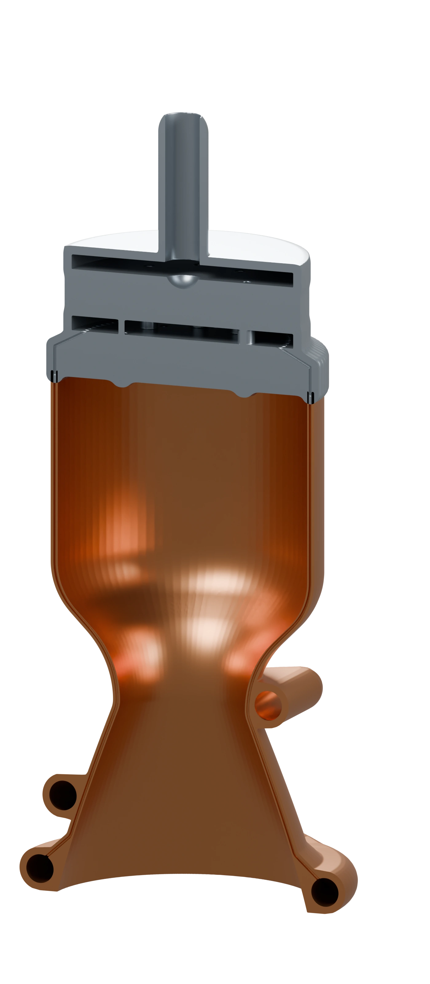 Longitudinal rocket cross-section exposing injector plenums, chamber, throat, nozzle, and cooling-wall passages.