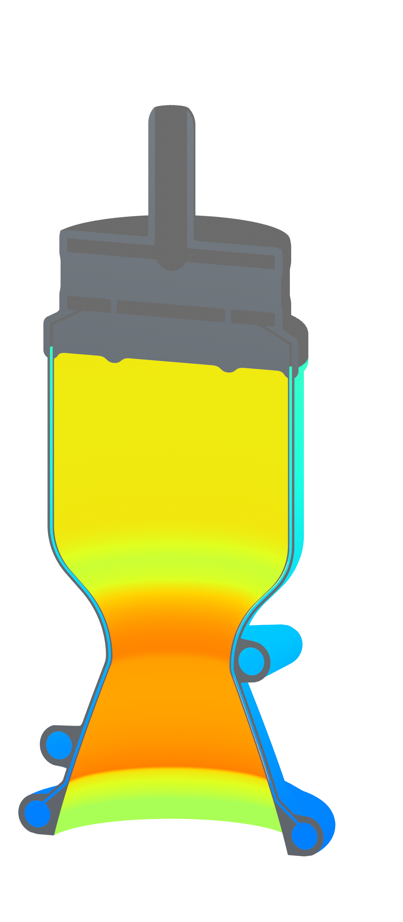 Modeled chamber temperature mapped to a sectioned rocket: hotter gas-side walls and cooler coolant-facing outer structure, with unsolved regions gray.